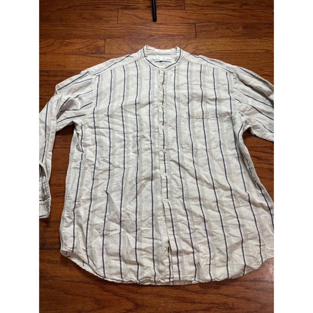 Perry Ellis XL Linen Cotton Band Collar Striped Button Down Shirt Cream Blue